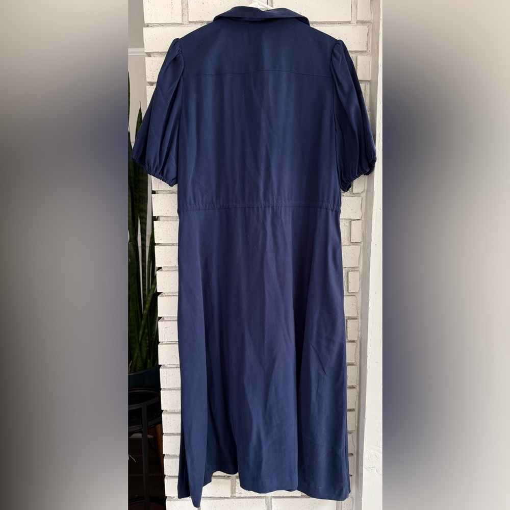 NWT Lands’ End Navy Button Front Midi Dress‎ Tie Waist Puff Sleeve Classic - Picture 7 of 13